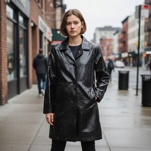Totes Womens XL Black Faux Leather Crocodile Embossed Patent Raincoat Jacket